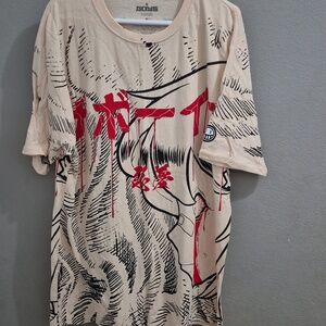 Graphic Anime-Style Cream Tee with Red & Black Print